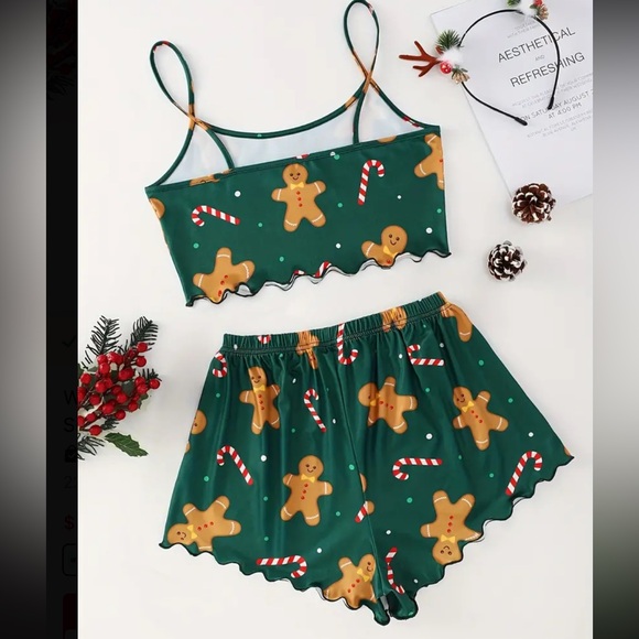 Women’s Christmas Gingerbread Man Green Cropped Two Piece Pajama Set - Picture 4 of 4